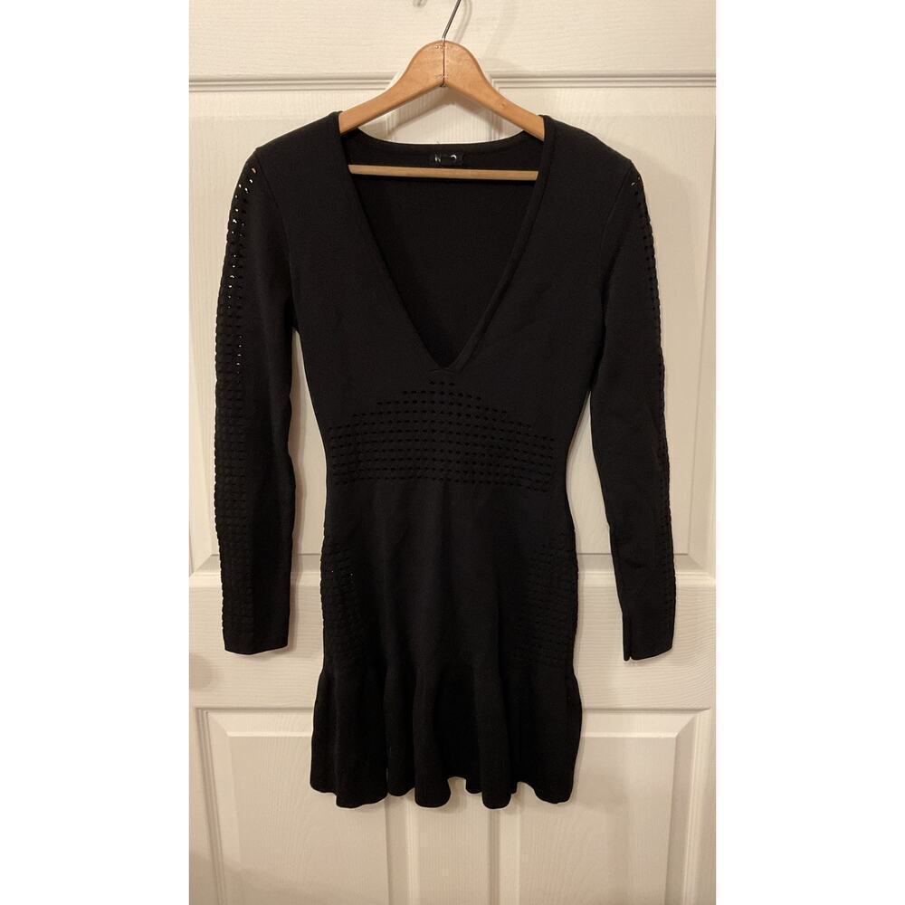 Revolve NBD V-neck Perforated Black Long Sleeve Flutter Mini Dress, S